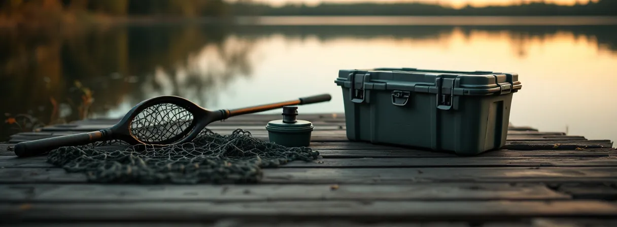 Kescher, Köderbox und Sitzkiepe am Ufer eines ruhigen Sees in der Morgendämmerung