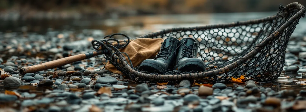 Stiefel und Kescher auf einem Kiesufer am Fluss