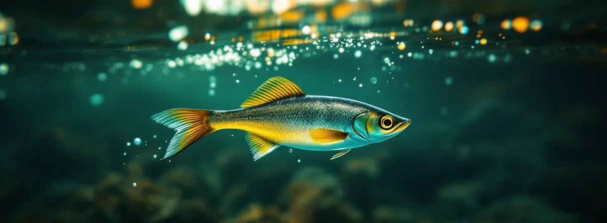 Fisch schwimmt knapp unter der Wasseroberfläche durch klares, grünes Wasser