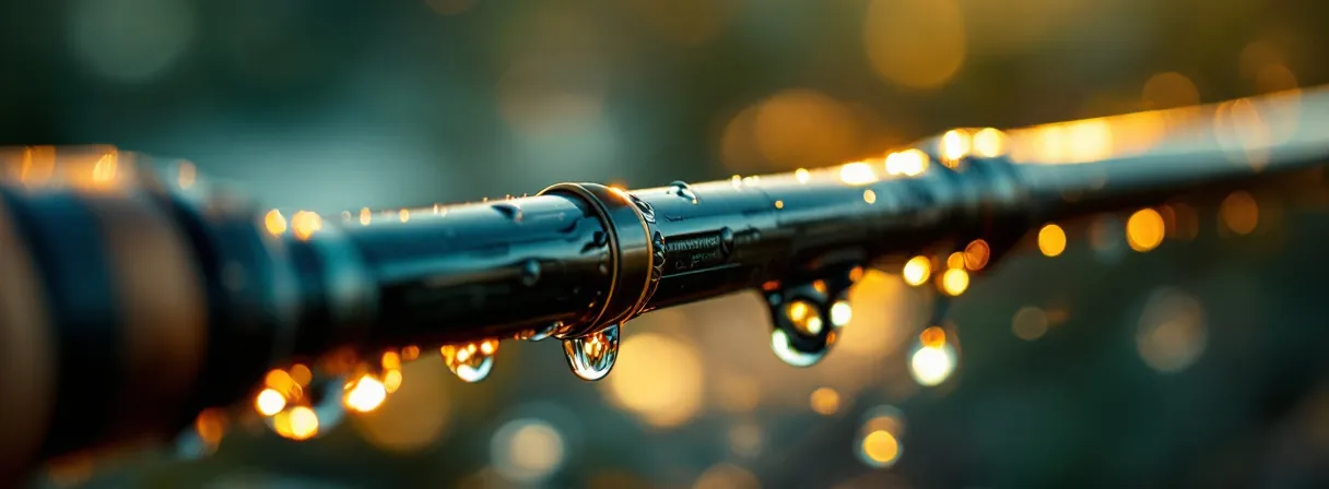Angelrute mit Wassertropfen an Blank und Ring im goldenen Gegenlicht
