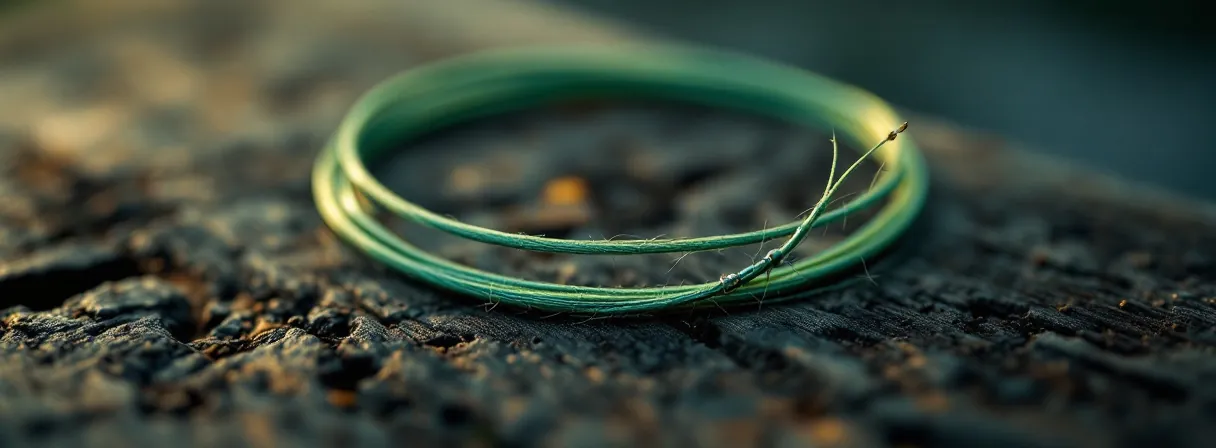 Grüne geflochtene Schnur, mit einem schlanken Knoten an ein transparentes Vorfach gebunden