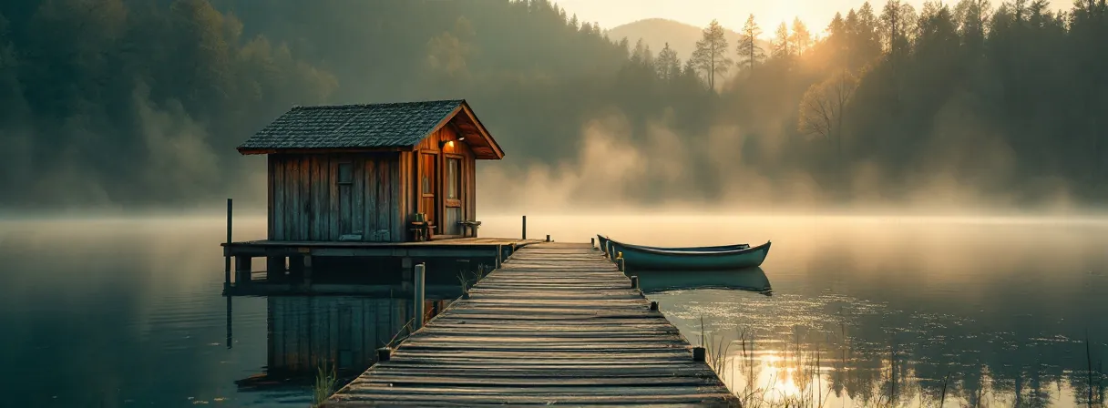 Holzhütte mit Steg und Ruderbooten an einem See im Morgennebel