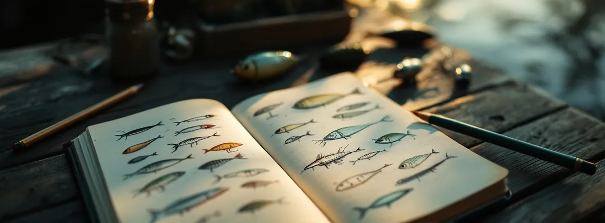 Aufgeschlagenes Skizzenbuch mit gezeichneten Fischen und Ködern, daneben Bleistift und Kunstköder