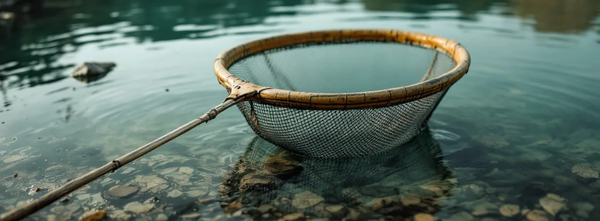 Leerer gummierter Kescher liegt im flachen, klaren Wasser am Seeufer